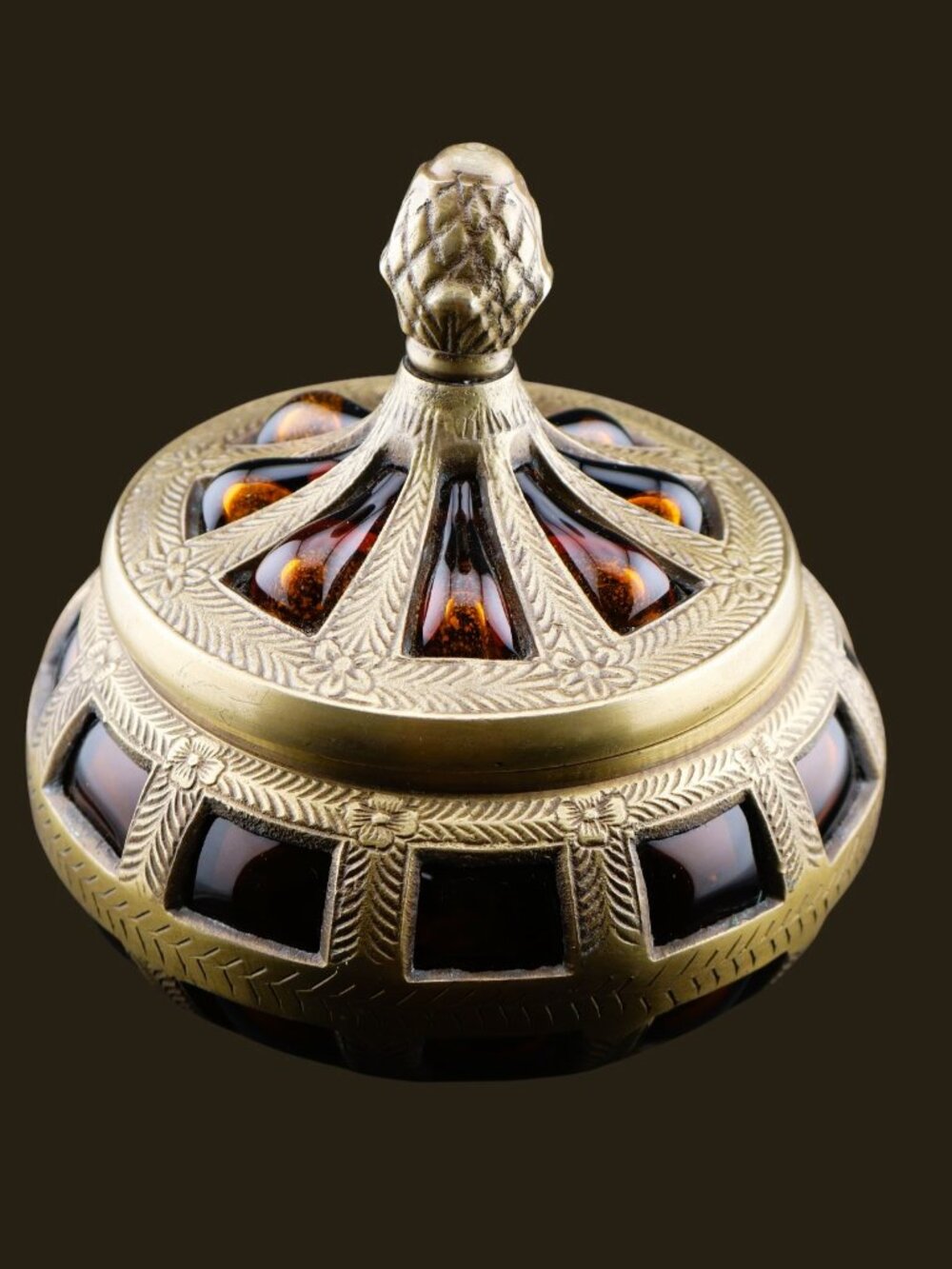Vintage Brass Amber Bubble Glass Apothecary Jar Heavy Lidded Dish Hand Blown